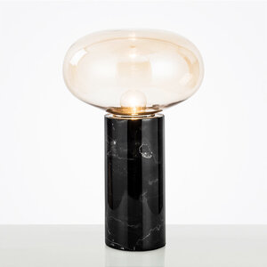 Amber Glazen Tafellamp, Marmer, E27 Fitting, ⌀23x25cm, Zwart