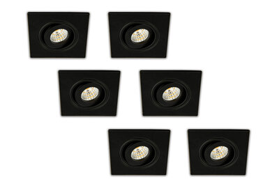 Inbouwspot LED 3W, Vierkant, Kantelbaar, Aluminium, Dimbaar, Zwart, 6-Pack