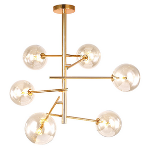 Glazen Design Hanglamp, 6 Amber Bollen, G4 Fitting, 75x80cm