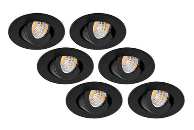 Inbouwspot LED 3W, Rond, Kantelbaar, Aluminium, Dimbaar, Zwart, 6-Pack