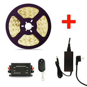 LED Strip Set, 5 Meter, 7.2 Watt/meter, Warm Wit, Waterdicht IP68, Met Adapter & Draadloze Dimmer