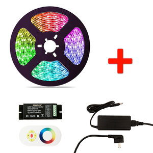 RGB LED Strip Set, 5 Meter, 14.4 Watt/meter, Waterdicht IP65, Met Adapter & Touch Afstandsbediening