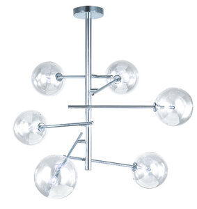 Glazen Design Hanglamp, Chroom, 6 Glazen Bollen, G4 Fitting, 75x80cm